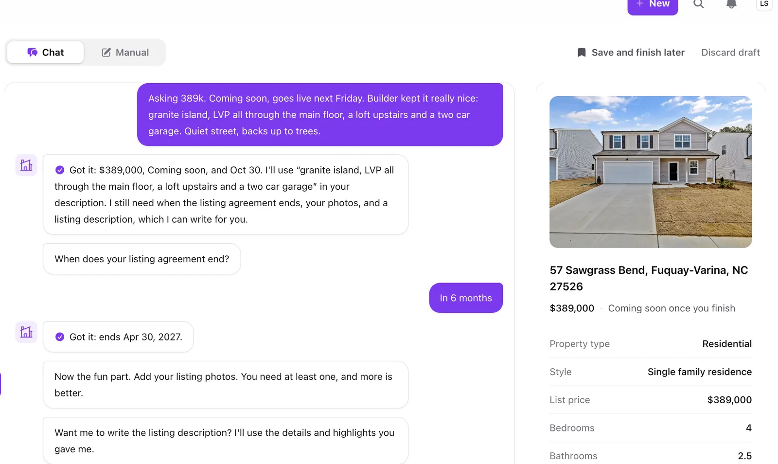 Adding a listing by chatting: the assistant fills in the details and drafts the description