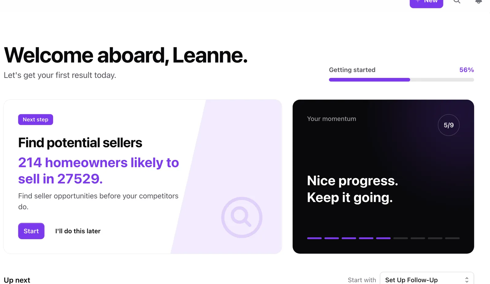 The Home screen in the app showing the next step and progress