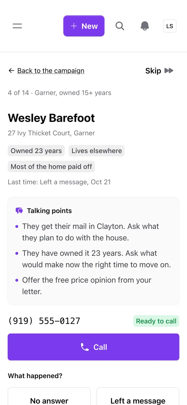 Call mode on a phone: talking points for one homeowner, a Call button, and outcome buttons