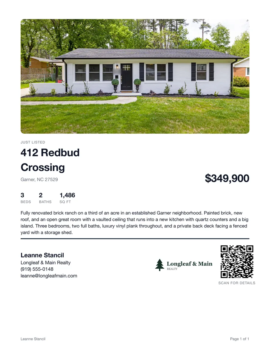 A one page flier for 412 Redbud Crossing with the photo, price, details, description, the agent, her brokerage logo and a QR code