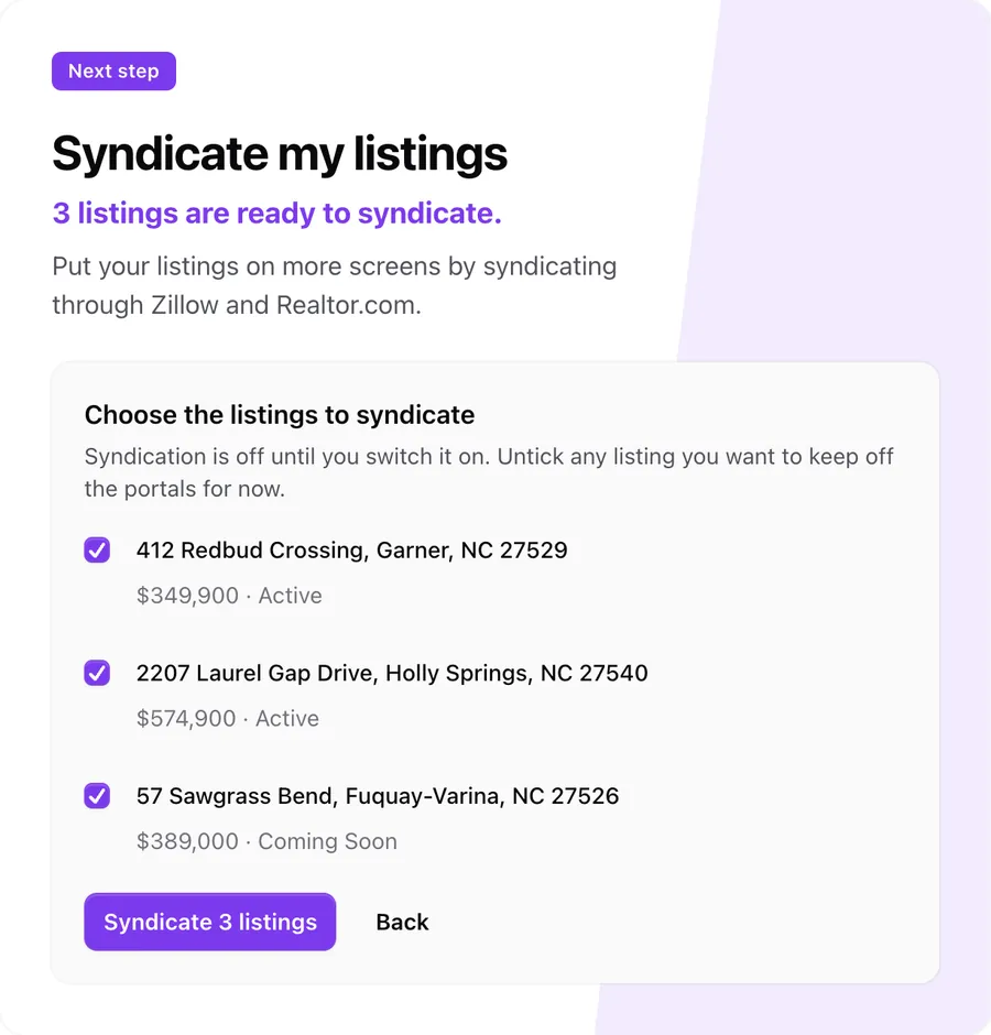 Syndicate my listings: three listings checked and ready to go to Zillow and Realtor.com