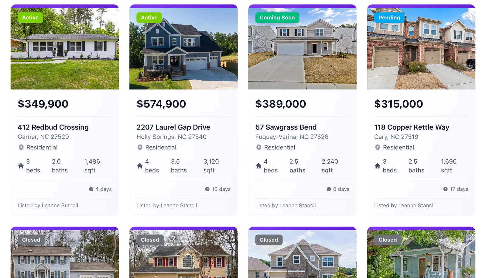The agent's listings with photos and their status: active, coming soon, pending and closed