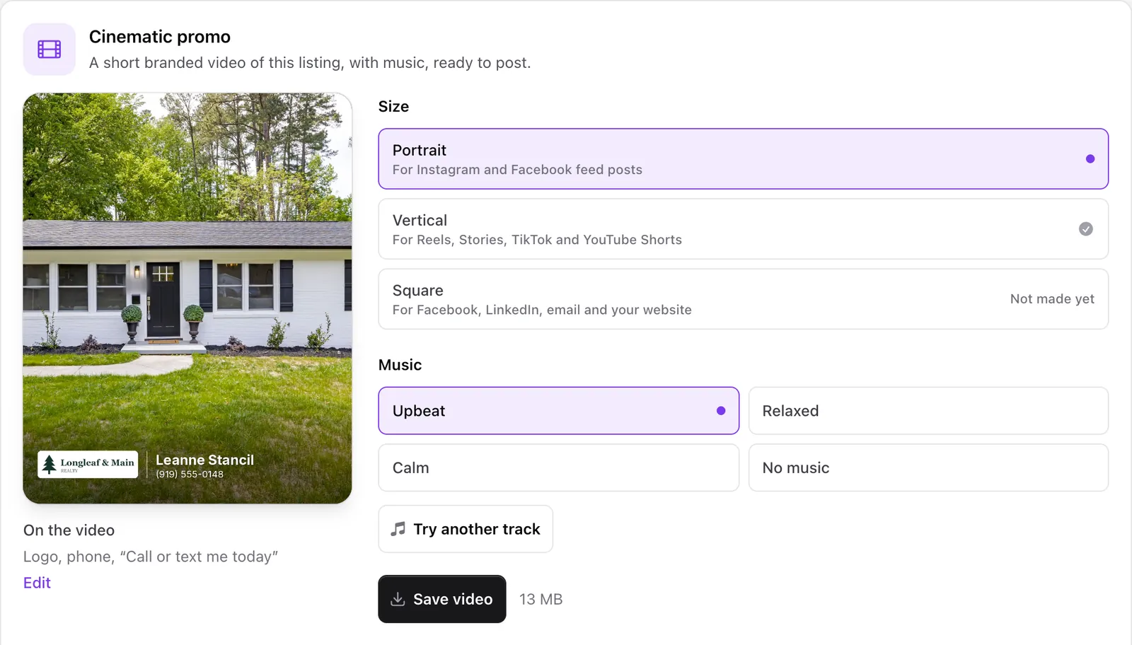 Studio Tools on a listing: the promo video with sizes for the feed, Reels and square, and music to pick from