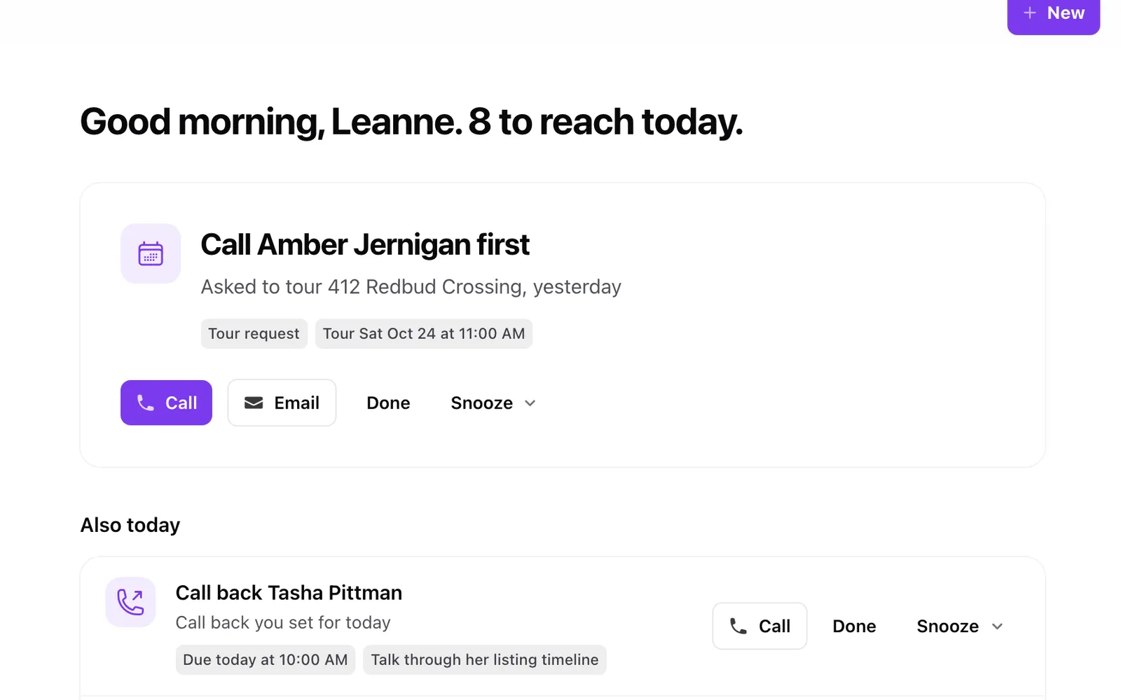 The Today list: who to call first and why, with call, email, done and snooze