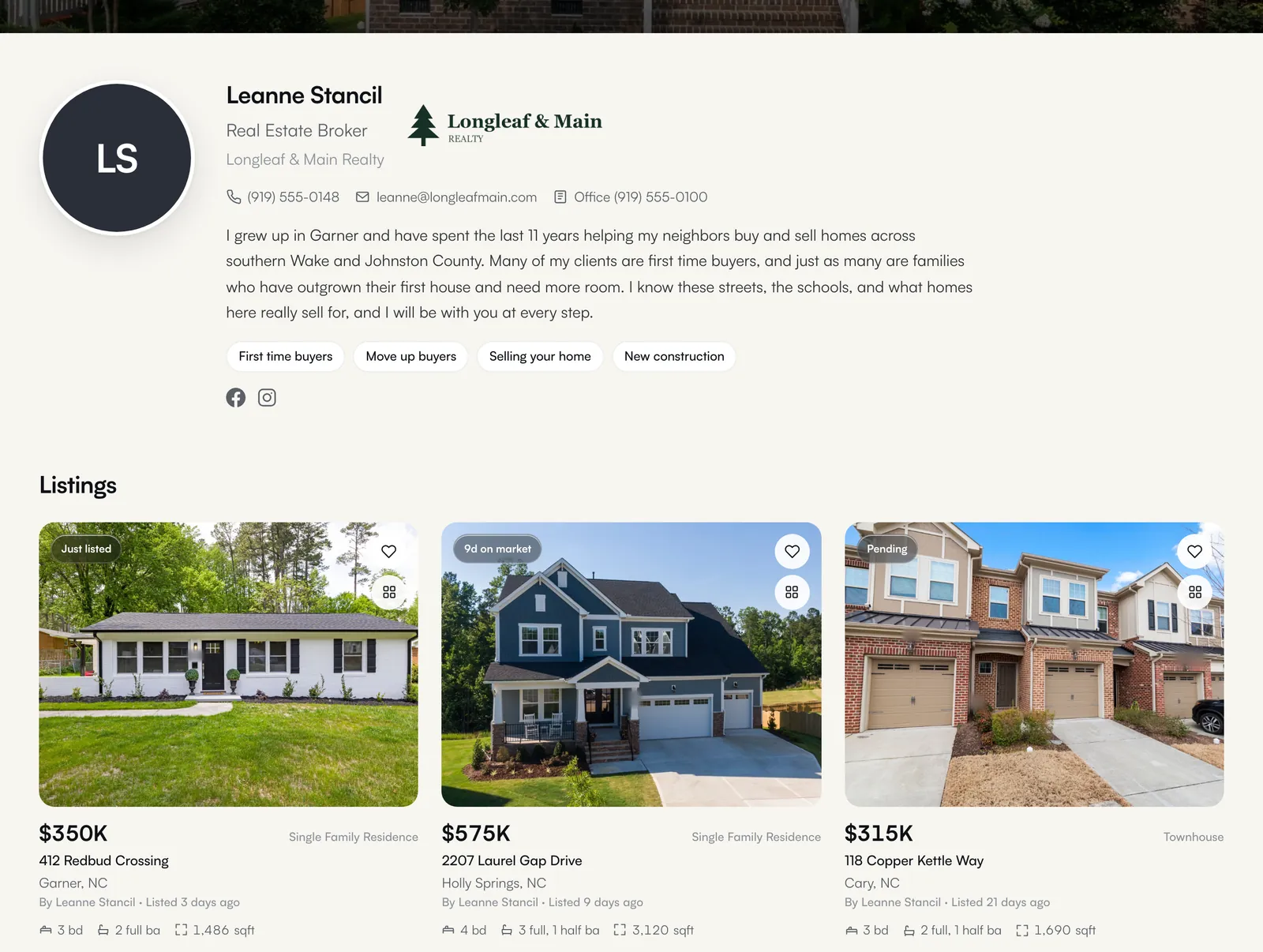 The demo agent's personal branded website with her listings